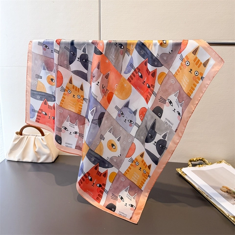 Foulard Quadrato In Raso Di Poliestere Effetto Raso Stampa Gatto Cartoon Artistica Chic Versatile Per Donne