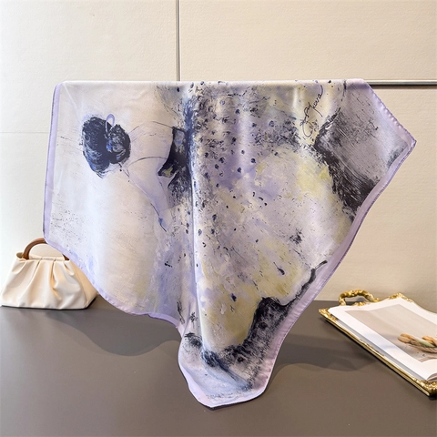 Abstract Oil Painting Print Square Scarf Elegant Imitation Satin Satin Headscarf Versatile Neck Wrap For Women