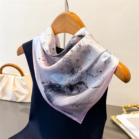Abstract Oil Painting Print Square Scarf Elegant Imitation Satin Satin Headscarf Versatile Neck Wrap For Women