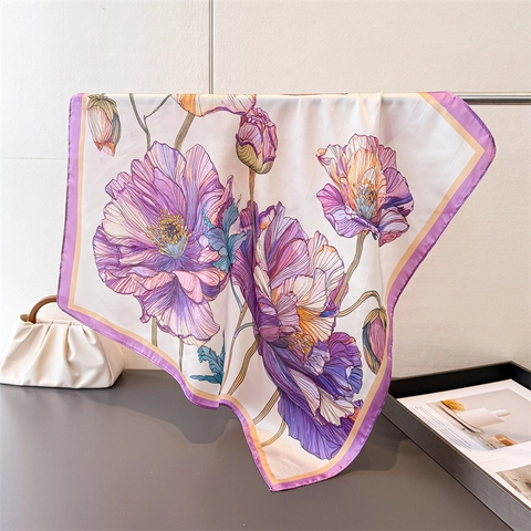 Floral Print Satin-Like Satin Square Scarf Elegant Fashion Neck Head Wrap For Women