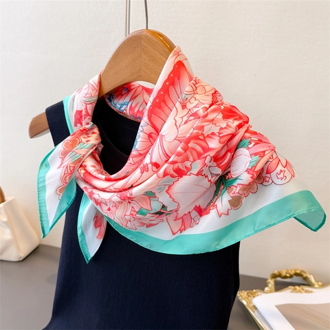 Floral Butterfly Print Square Scarf Elegant Imitation Satin Satin Bandana For Women Versatile Hair Head Neck Accessory