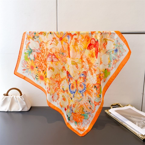 Floral Butterfly Print Square Scarf Elegant Imitation Satin Satin Bandana For Women Versatile Hair Head Neck Accessory