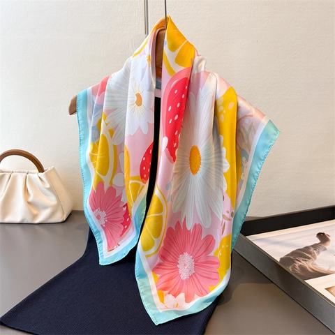 Foulard Quadrato Stampato Moda Estate Limone Margherita Floreale Frutta Raso Raso Artificiale Elegante Versatile Bandana