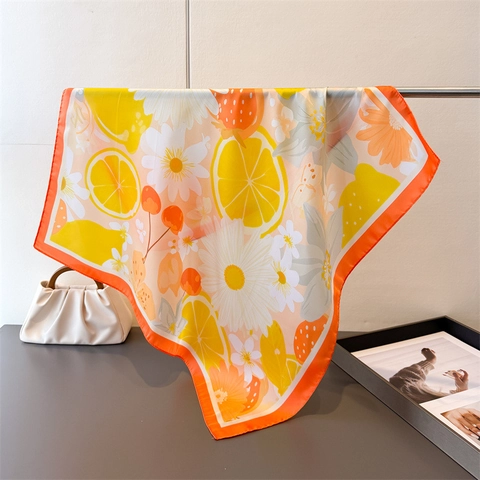 Foulard Quadrato Stampato Moda Estate Limone Margherita Floreale Frutta Raso Raso Artificiale Elegante Versatile Bandana
