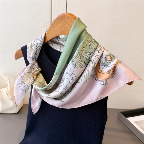 Elegant Floral Print Square Scarf Faux Satin Satin Neck Wrap Headscarf Versatile Lightweight Shawl Accessory For Women