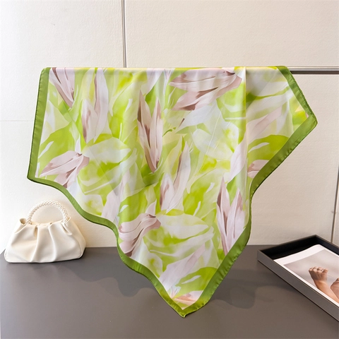 Square Scarf Polyester Satin Floral Leaf Print Elegant Neck Wrap Hair Band Fashion Headscarf For Women Accessories
