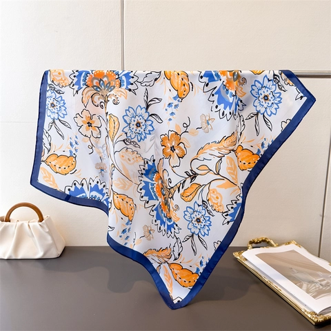 Retro Floral Print Imitation Satin Square Scarf Elegant Smooth Satin Headscarf Bandana Neck Wrap Accessory For Women