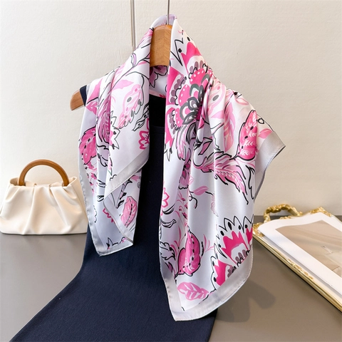 Retro Floral Print Imitation Satin Square Scarf Elegant Smooth Satin Headscarf Bandana Neck Wrap Accessory For Women