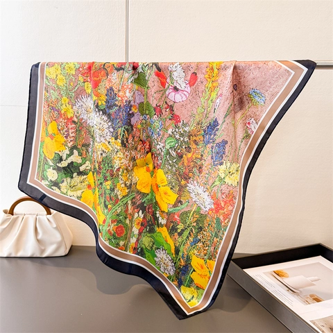 Écharpe Carrée Imprimé Floral Polyester Style Satin Foulard Style Peinture À L'huile Châle Élégant Pour Femmes