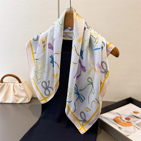 Elegantes Satin Viereckiges Halstuch Mit Schleife Künstliche Perlen Druck Bandana Für Damen Chic Kopftuch Halstuch Haartuch Accessoire