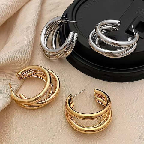 Geometric Three-Layer Stacked C-Shape Hoop Earrings Alloy With 925 Sterling Silver Earring Post For Women Modern Jewelry