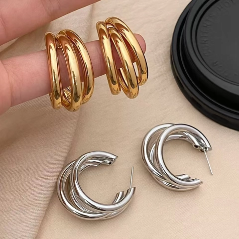 Geometric Three-Layer Stacked C-Shape Hoop Earrings Alloy With 925 Sterling Silver Earring Post For Women Modern Jewelry