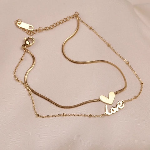 Layered Heart Anklet Women Stainless Steel Love Letter Snake Bone Chain Elegant Jewelry Adjustable Non Fading