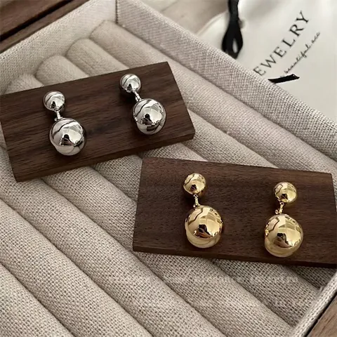 Orecchini Pendenti A Doppia Sfera Minimalisti Rame Lucidato Gioielli Geometrici Stile Moderno Da Donna