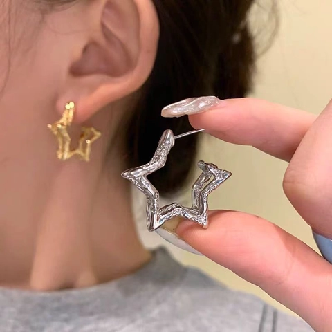 Irregular Texture Star Stud Earrings Minimalist Wrinkled Copper Pentagram Jewelry For Women Fashion Elegant Unique