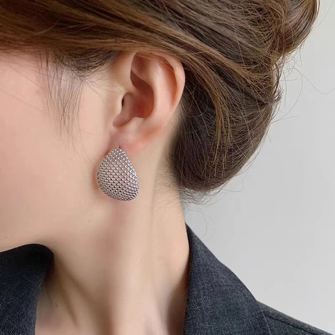 Hohl Gitter Strukturierte Kupfer Ohrstecker Mit 925 Sterling Silber Ohrstift Nische Geometrische C-Form Für Frauen
