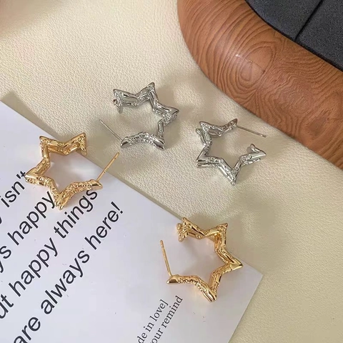 Irregular Texture Star Stud Earrings Minimalist Wrinkled Copper Pentagram Jewelry For Women Fashion Elegant Unique