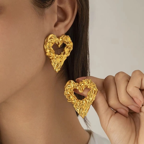 Orecchini A Lobo A Cuore Texture Metallo Liquido Rame Placcato Oro 18K Rughe Irregolari Moda Geometrica Per Donna