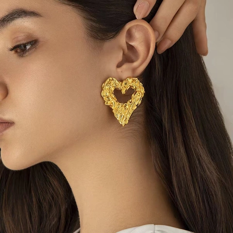 Orecchini A Lobo A Cuore Texture Metallo Liquido Rame Placcato Oro 18K Rughe Irregolari Moda Geometrica Per Donna