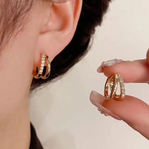 Doppelschichtige Creolen Kupfer Zirkon Pave Minimalistisch Geometrisch Huggie Ohrringe Für Damen Eleganter Schmuck