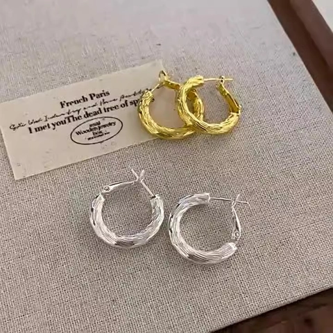 Orecchini A Cerchio Strutturati Rame Con Perno In Argento Sterling 925 Geometrici Minimalisti Moda Per Donne