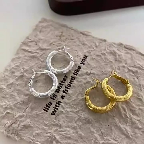 Orecchini A Cerchio Strutturati Rame Con Perno In Argento Sterling 925 Geometrici Minimalisti Moda Per Donne