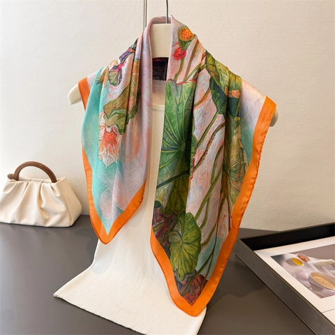 Lotus Blumenmuster Satinnähnlicher Polyester Quadratschals Elegantes Kleines Halstuch Künstlerisches Bandana