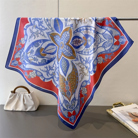 Artistic Printed Imitation Satin Square Scarf Elegant Baroque Floral Pattern Soft Satin Headscarf Neck Wrap For Women