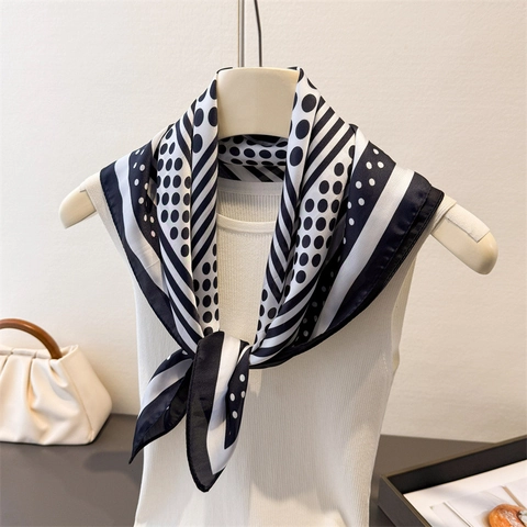Women Faux Satin Square Scarf Polka Dot Geometric Stripe Satin Neck Head Scarf Office Lady Hair Accessory