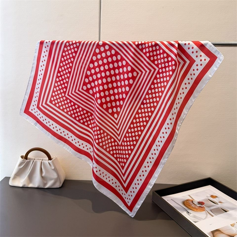Women Faux Satin Square Scarf Polka Dot Geometric Stripe Satin Neck Head Scarf Office Lady Hair Accessory