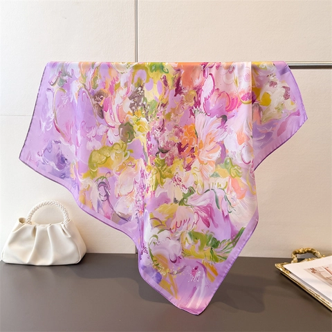 Elegant Square Scarf Imitation Satin Polyester Satin Oil Painting Flower Print Versatile Headscarf Neck Scarf For Women