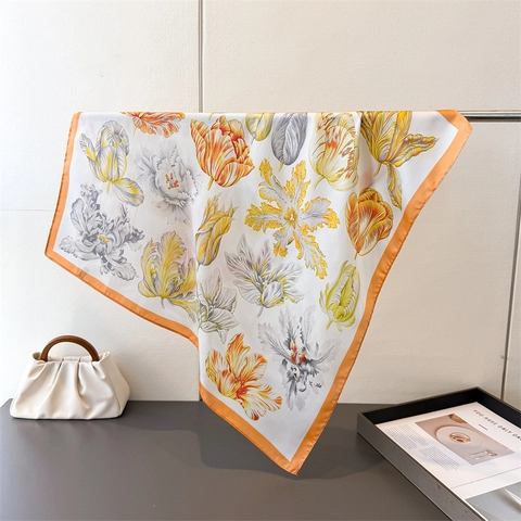 Floral Print Satin Square Scarf For Women Satin Like Tulip Pattern Elegant Neck Head Kerchief Shawl Accessory