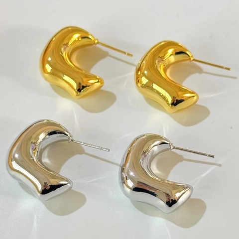 Orecchini A Cerchio Spessi A Forma Di C Da Donna Rame Placcato Oro 18K Geometrico Cavo Minimalista Design Fluido