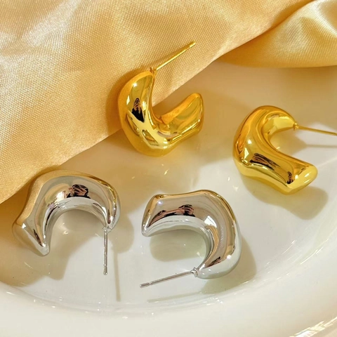 Orecchini A Cerchio Spessi A Forma Di C Da Donna Rame Placcato Oro 18K Geometrico Cavo Minimalista Design Fluido