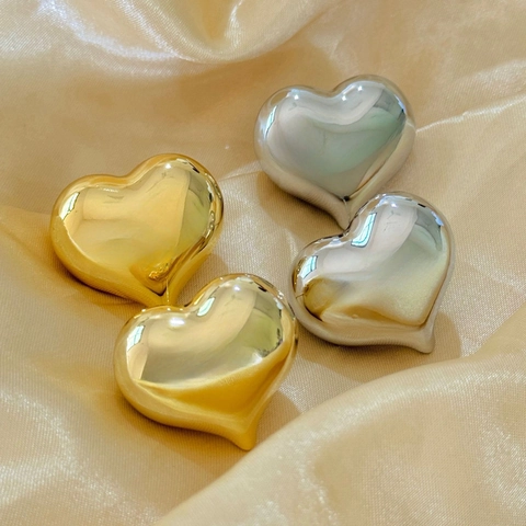 Heart Stud Earrings 18K Gold Plated Copper With Copper Earring Post Voluminous Mirror Polish Statement Jewelry For Women
