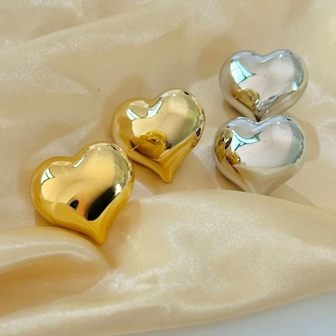 Heart Stud Earrings 18K Gold Plated Copper With Copper Earring Post Voluminous Mirror Polish Statement Jewelry For Women