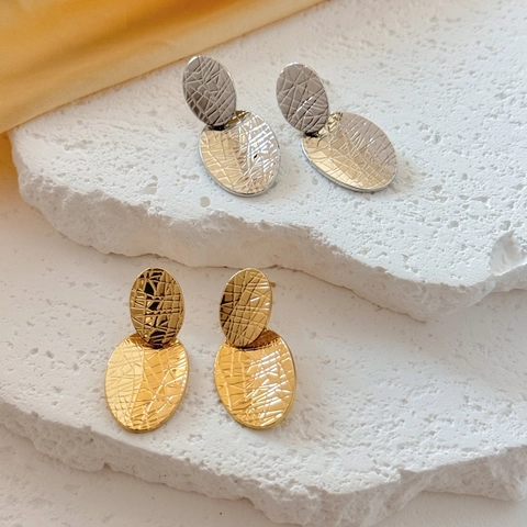 Copper Hammered Textured Oval Double Layer Drop Earrings Geometric Minimalist Style Fashion Jewelry For Women