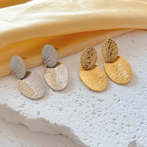 Copper Hammered Textured Oval Double Layer Drop Earrings Geometric Minimalist Style Fashion Jewelry For Women