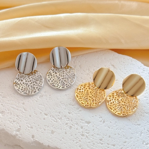 Hollow Heart And Round Drop Earrings Copper Mesh Texture Irregular Geometric Dangle For Women Minimalist Elegant Jewelry