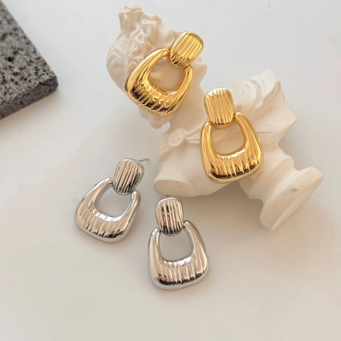 Vintage Geometric Irregular Copper Earrings With Vertical Ribbed Texture Gold Silver Plated Minimalist Women Jewelry