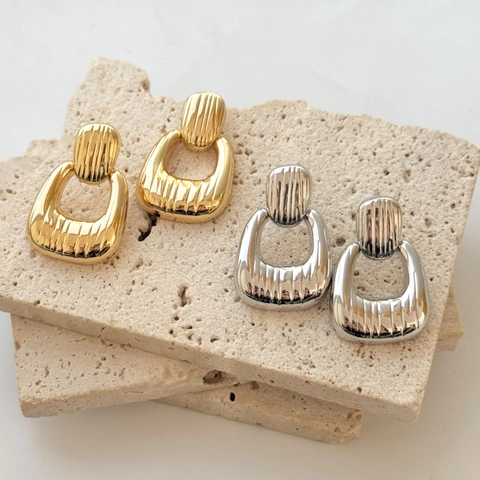 Vintage Geometric Irregular Copper Earrings With Vertical Ribbed Texture Gold Silver Plated Minimalist Women Jewelry