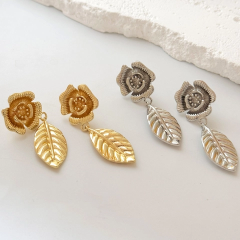 Boucles Oreilles Pendantes Cuivre Élégant Design Fleur Feuille Métal Texturé Style Vintage Pour Femmes