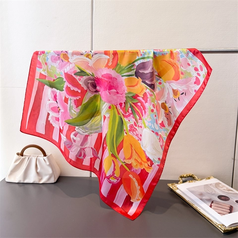 Women Square Scarf Floral Print Imitation Satin Satin Hair Bandana Headscarf Neck Shawl Elegant Versatile Accessory