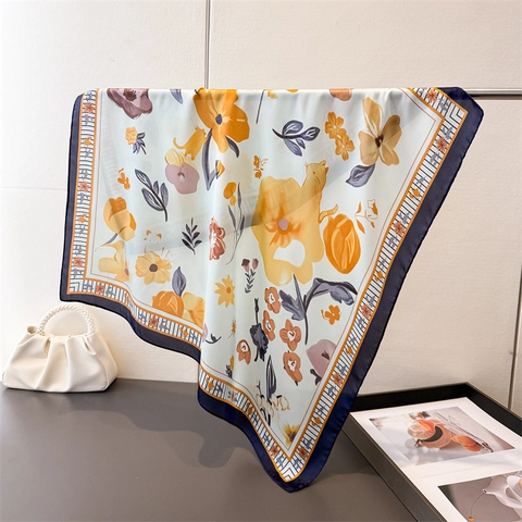Elegant Floral Print Square Scarf Imitation Satin Satin Headscarf Versatile Neck Wrap With Cat Pattern For Women Chic Vintage