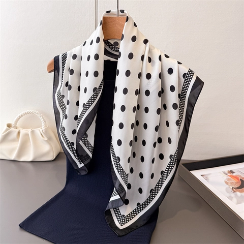 Foulard Quadrato A Pois In Finta Raso Satinata Stampa Geometrica Versatile Stile Francese Accessorio Per Collo Capelli Testa Donne