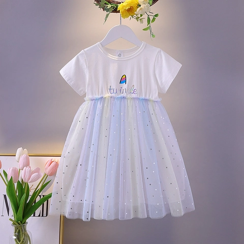 Abito Da Bambina Maniche Corte Cotone Mesh Tulle Patchwork Stelle Di Paillettes Twinkle Print Principessa