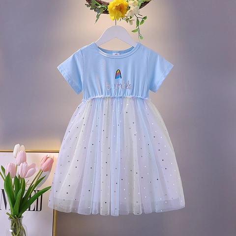 Abito Da Bambina Maniche Corte Cotone Mesh Tulle Patchwork Stelle Di Paillettes Twinkle Print Principessa