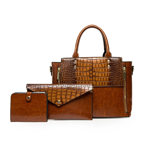 Women Crocodile Pattern PU Leather Handbag Tote And Envelope Bag And Wallet Large Capacity Gold Tone Hardware