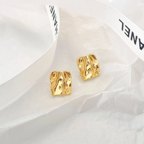 Irregular Geometric Square Stud Earrings Hammered Texture Copper With 925 Sterling Silver Earring Post Retro Niche