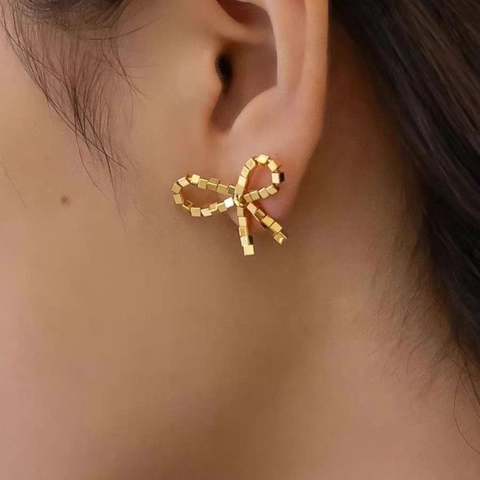Bow Knot Stud Earrings Copper With 925 Sterling Silver Earring Post Niche Design Cube Beads Elegant For Women